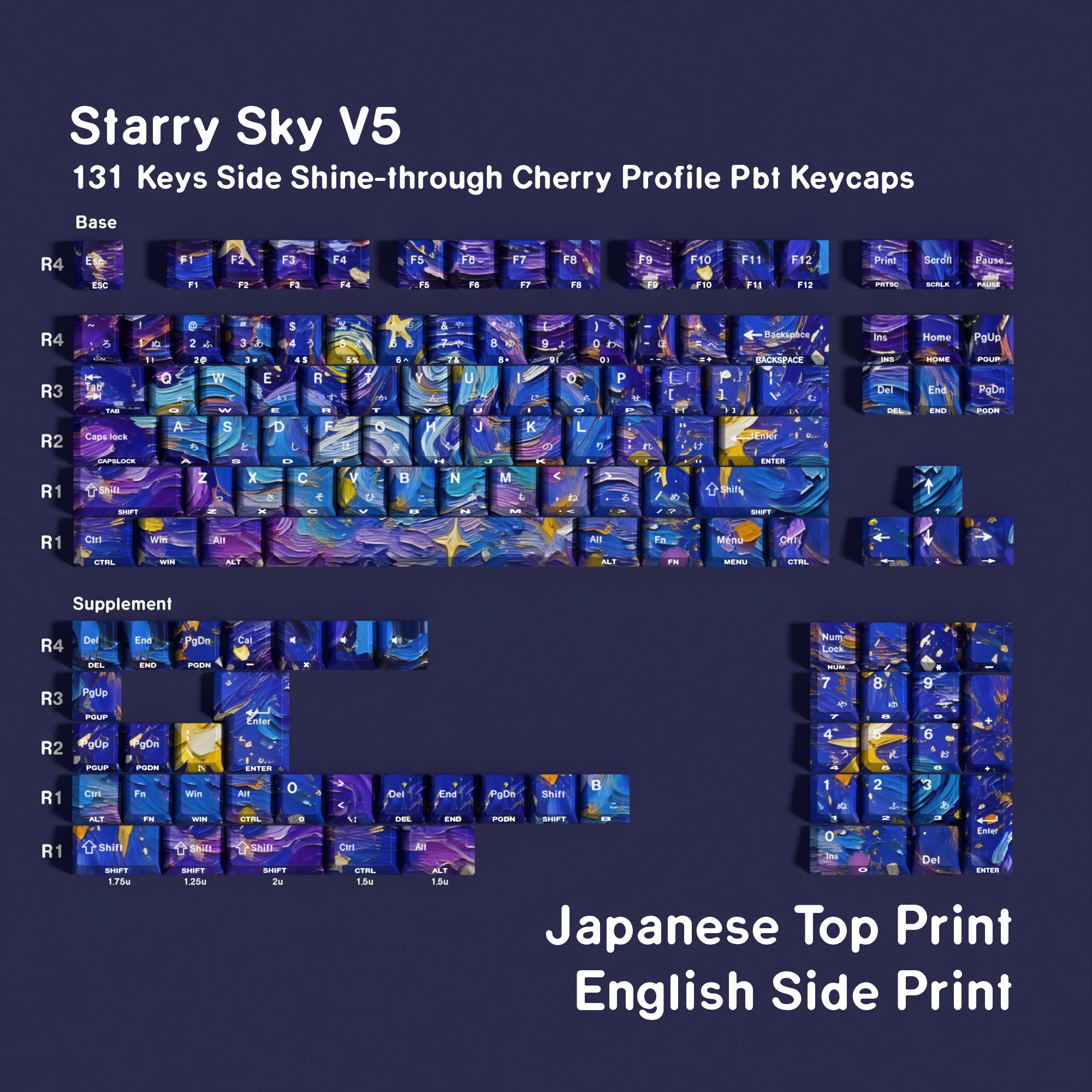 Starry SkyV5 Dye-Sub Cherry Profile Keycaps Dubbele Print 131 Toetsen Hebreeuws DE FR KR RU ES Compatibel ISO Layout voor Mechanische Toetsenborden