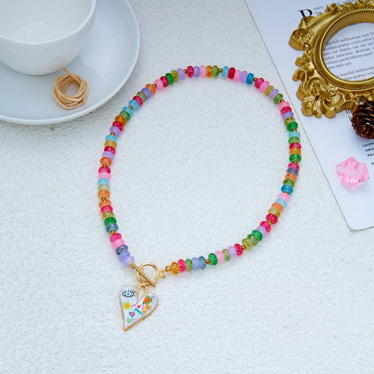 Dopamin Bunte Glas-Flachperlen Graffiti-Blumen-Herz-Anhänger Halskette für Frauen Männer Y2K Vintage OT-Schnallen-Choker Schmuck – Detail 32