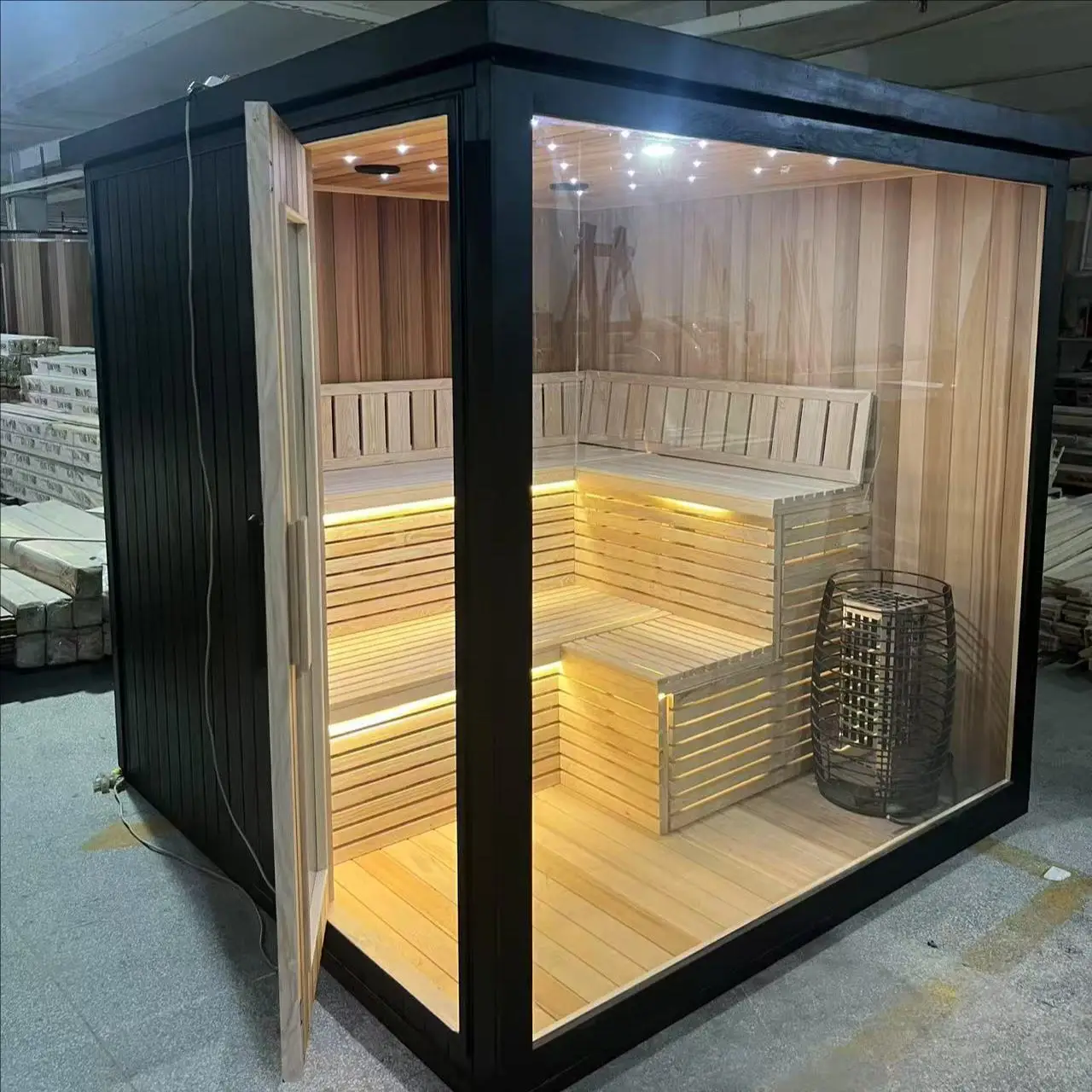 High End Wholesale Price 2-Person Outdoor Black Solid Wood Electric Sauna Room 6000W Heater Intelligent Control Modern Design 1