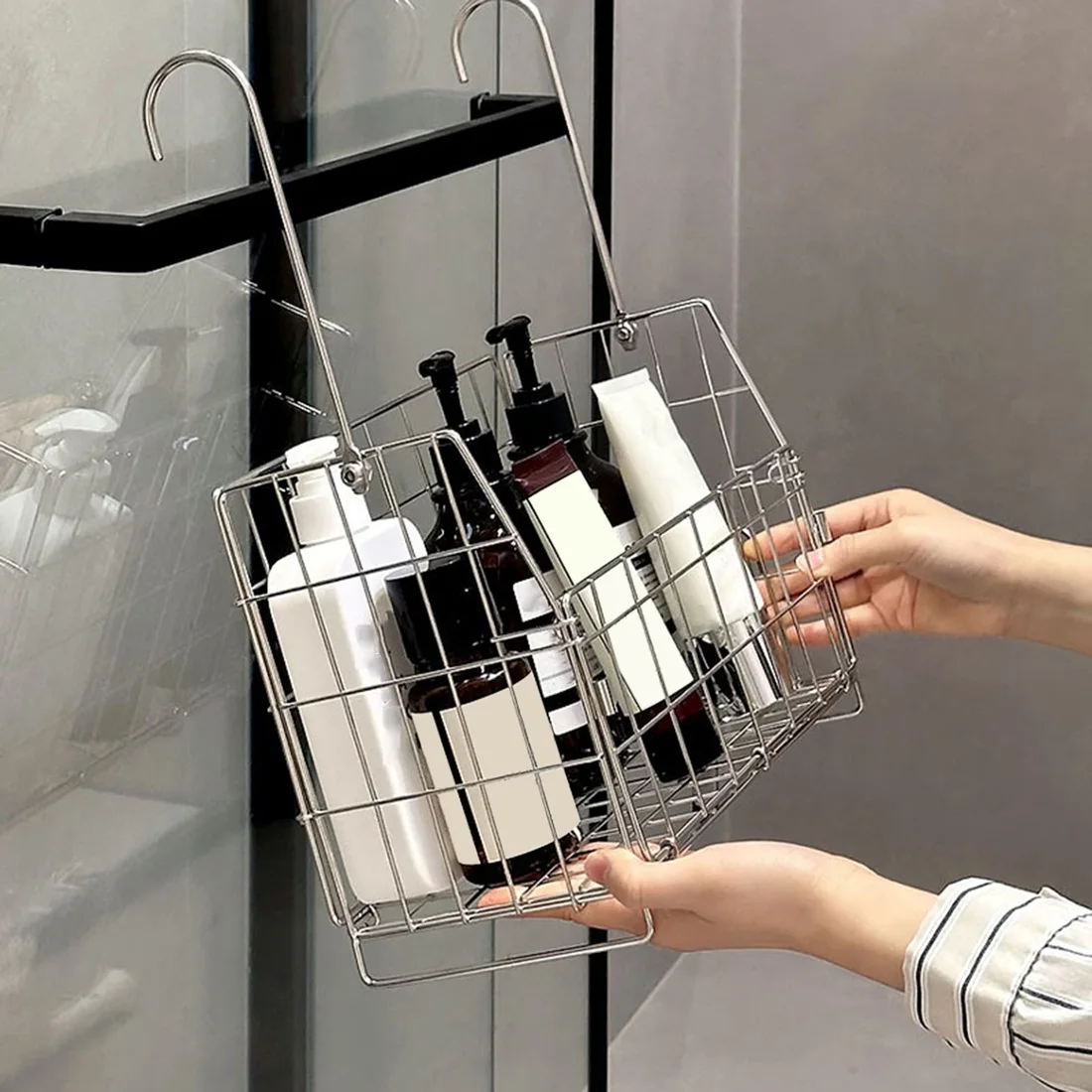 

N04R Bathroom Storage Basket Stainless Steel Portable Hanging Multifunctional Organizer Toilet Roll/Shampoo Storage Basket