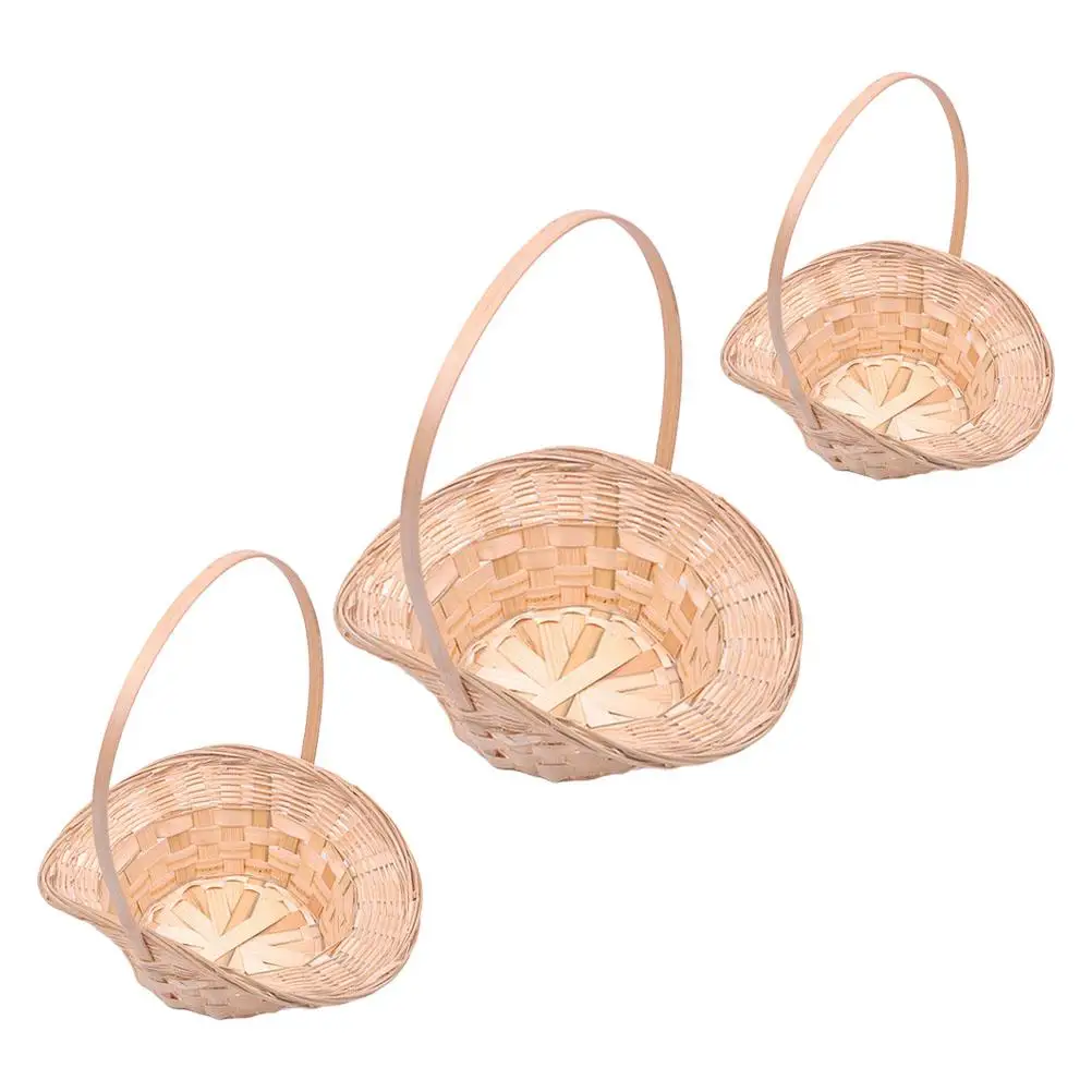 

3 Pcs Bamboo Woven Baskets Round Kitchen Picnic Khaki Storage Fruits Draining Wrapping Household Multi-function Egg Basket Gift