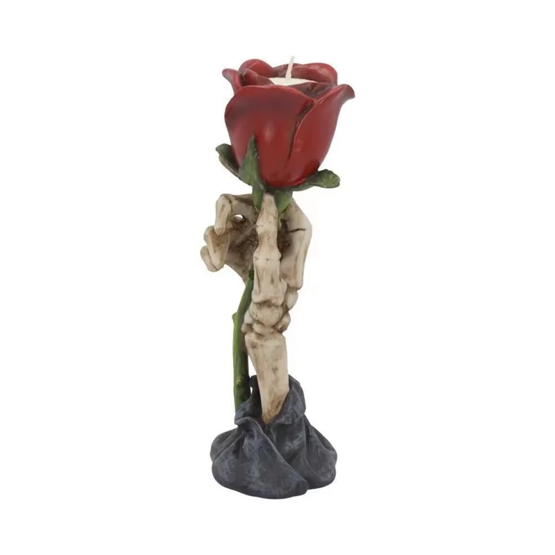 

ABGH-Halloween Resin Skull Finger With Rose Candle Holder, Unique Ornamental Gift For Spooky Decor