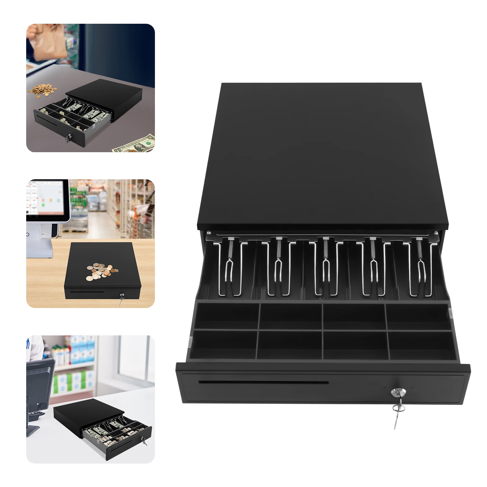Black Eight Grid Cash Box 405 Cash Register Drawer Cash Register Drawer With 3-Position Lock For Hotels Supermarkets Hospital