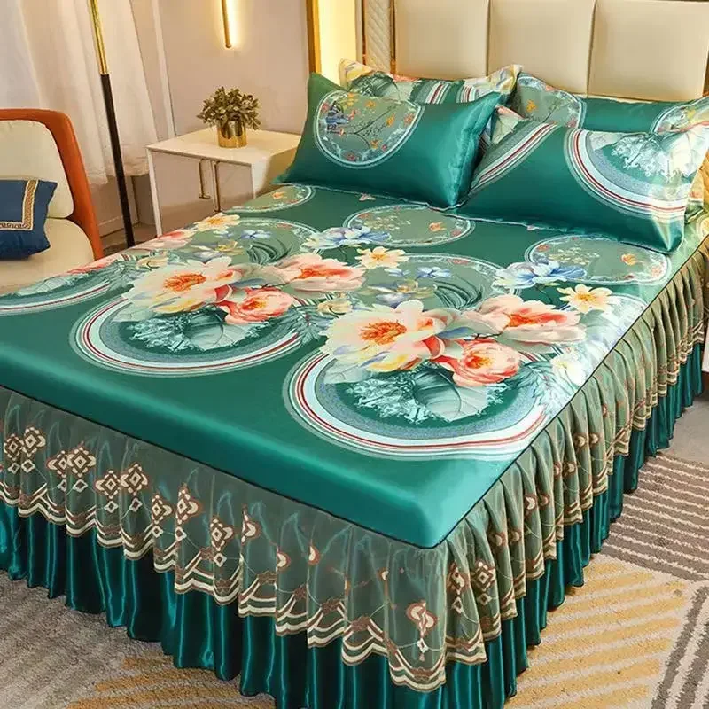 3Pcs/Lot Double Bed Sheet Set Classic Lace Royal Blue Bed Sheet Bed Skirt, Machine Washable Wedding Bedspread Mattress Cover