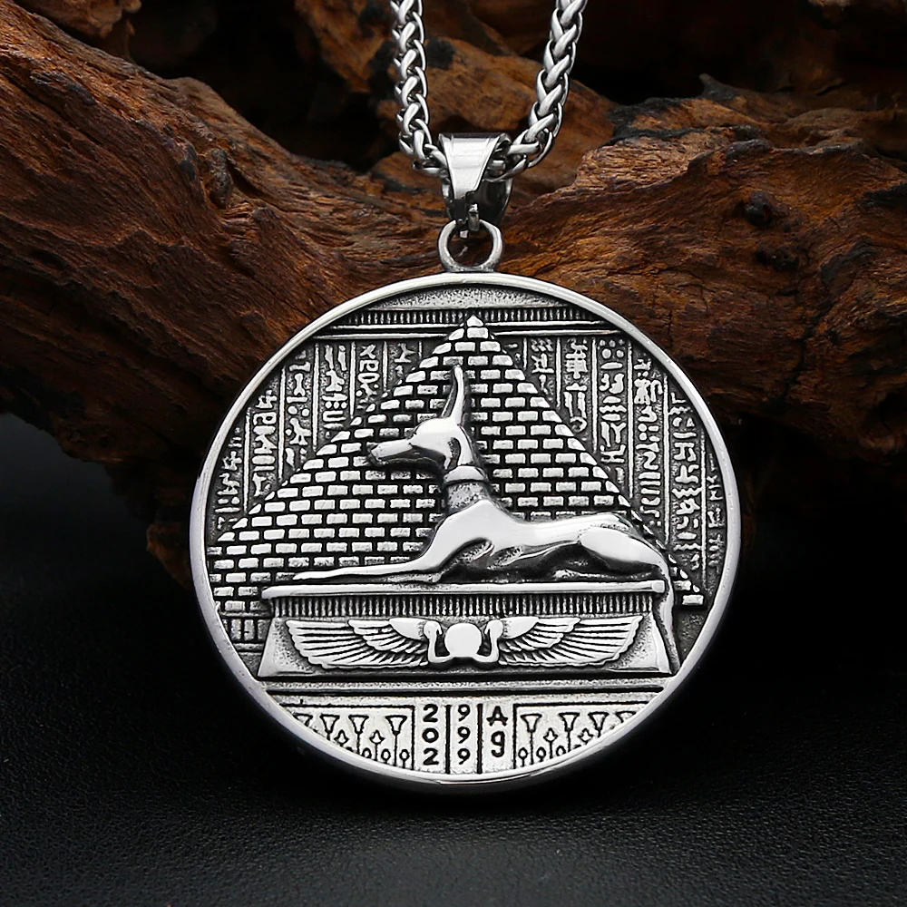 Egyptian Anubis Pyramid Stainless Steel Round Pendant Necklace For Men And Women Mythology Hip Hop Hieroglyph Fashion Jewelry