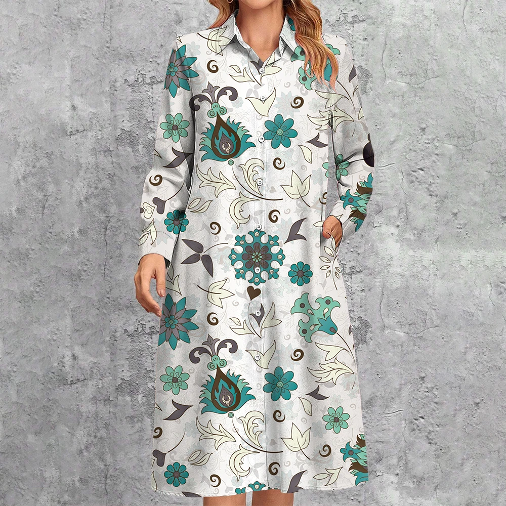 Elegant White And Blue Floral Printed Shirt Dress Bohemian Women Long Sleeve Lapel A-Line Dress Single Breasted Pocket Dresses