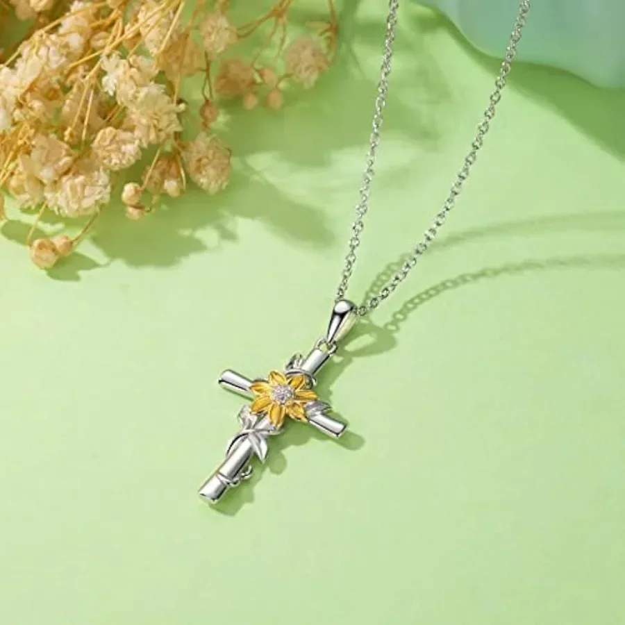 1pc Trendy Creative Sunflower Cross Pendant Necklace, Sunflower Necklace Jewelry,Birthday Party Anniversary Gift Best-selling Lu