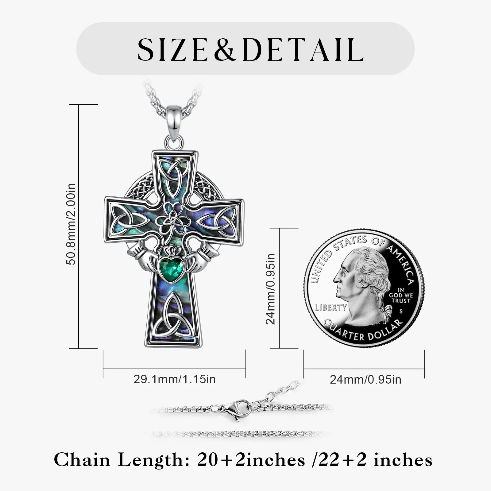 Eudora Copper Claddagh Celtic Cross Necklace for Woman Men Abalone Shell Pendant Christian Amulet Religious Jewelry Fine Gift