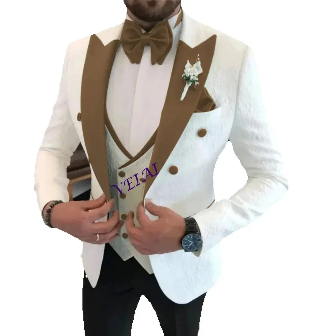 

CustomizedMen's Floral Wedding Tuxedo 3-Piece Set Double Breasted Jacket with Vest Peak Lapel Groom's Fashion Suit Male Wedding