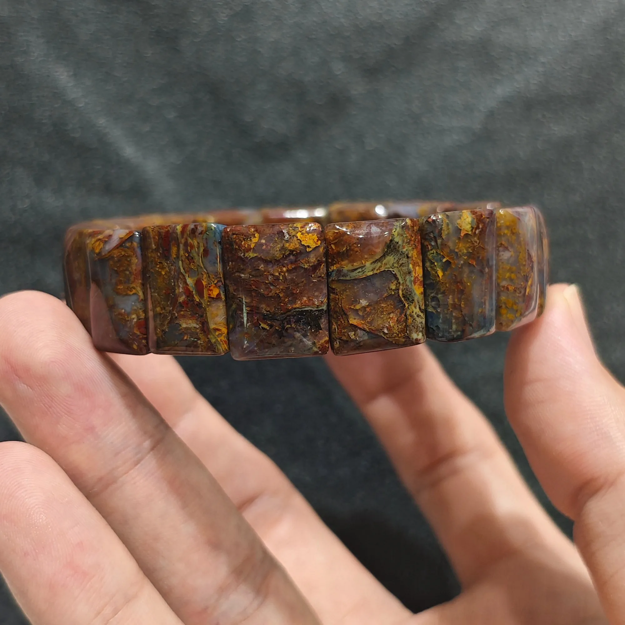 Earth Tone Pietersite Cuff Bracelet Natural Gemstone Block Bead Wristlet Aesthetic Ethnic Style Fine Jewelry Present for Friend