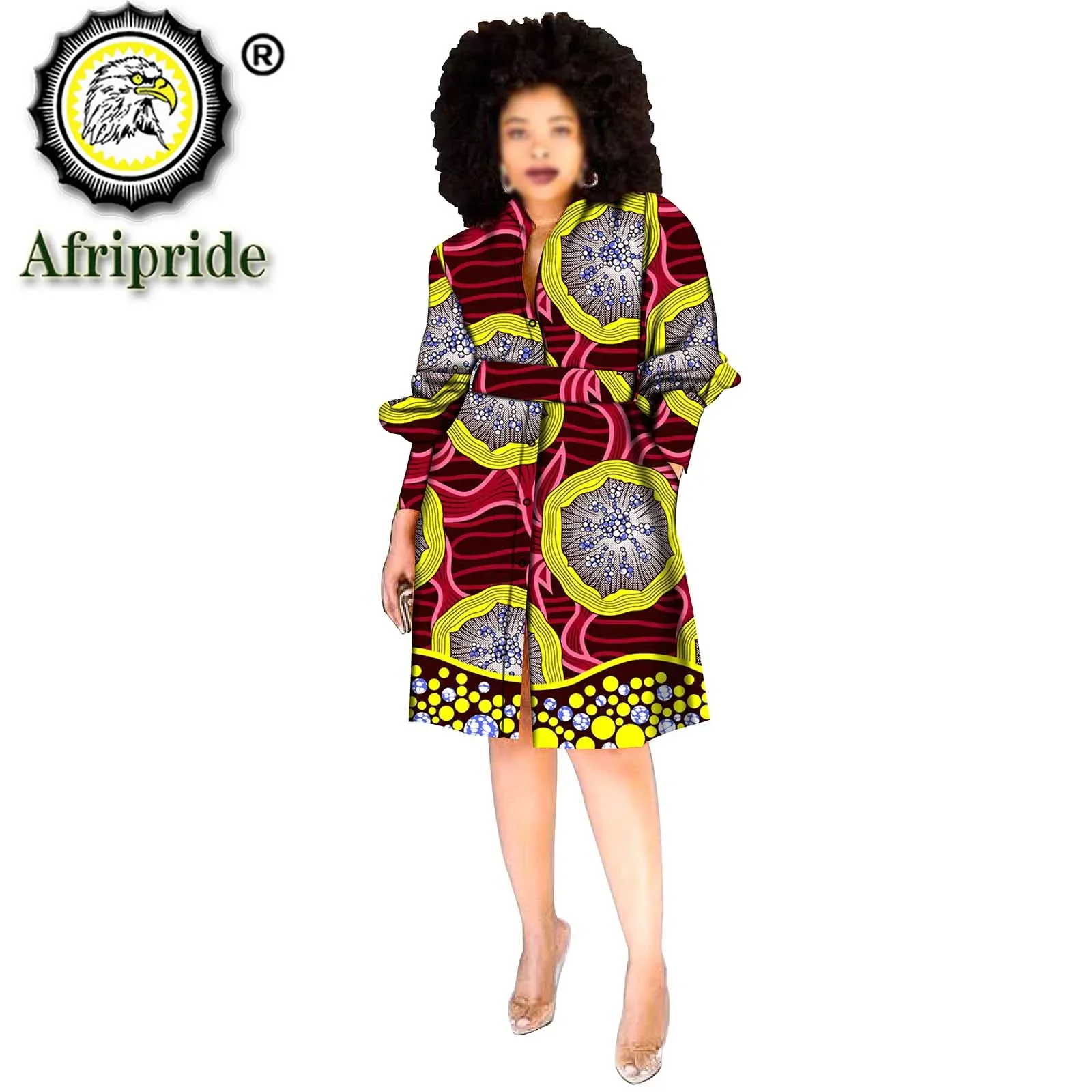 Women`s Dress African Ankara Print High Waist Long Sleeve with Belt Pattern Plus Size Casual Clothing Wax Attire S2025071