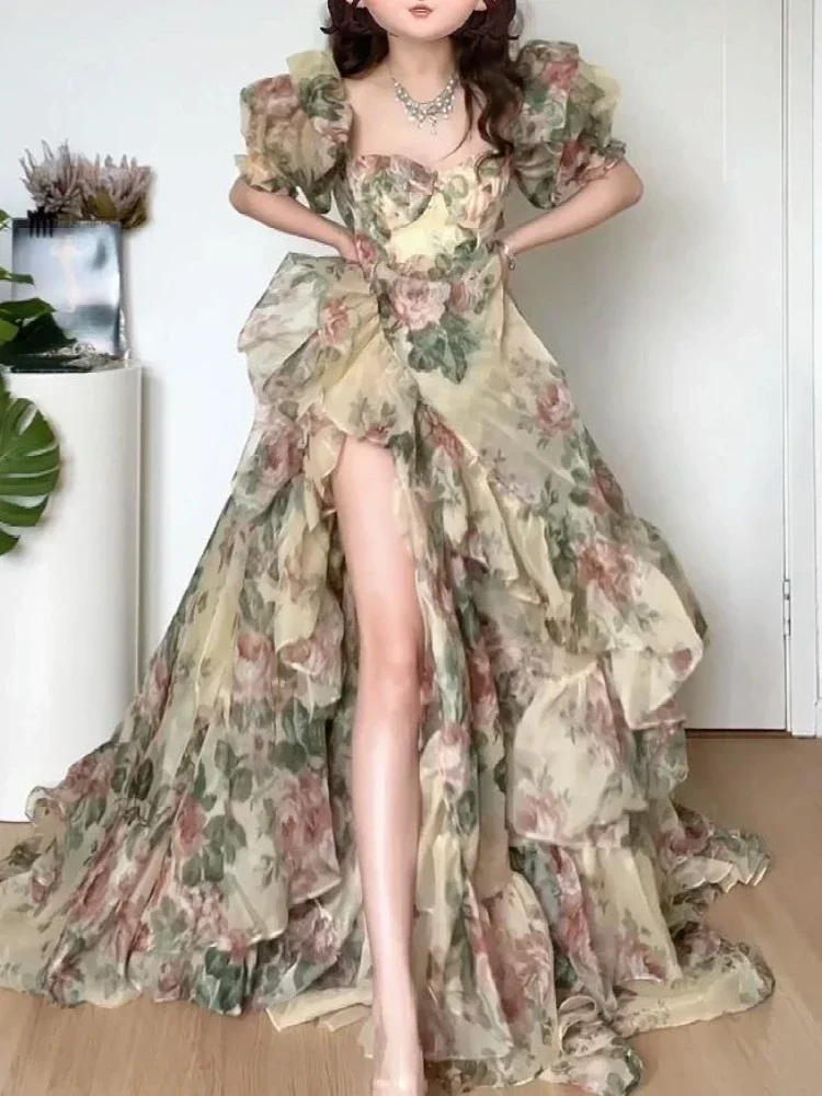 Ruffles Floral Long Fairy Dresses Women 2025 Summer Elegant Party Sweet Princess Dress Female Fashion Korean Split Dress Casual