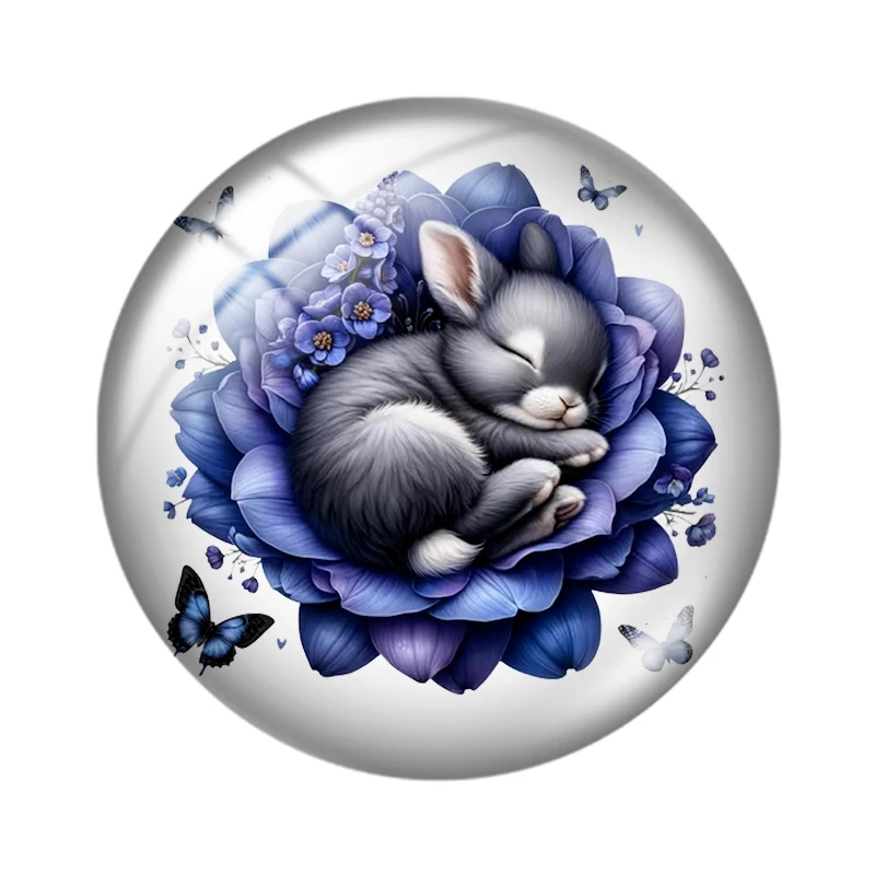 Watercolor Sleeping Baby Rabbit 10pcs 12mm/16mm/18mm Round Photo Glass Cabochon Demo Flat Back Making findings