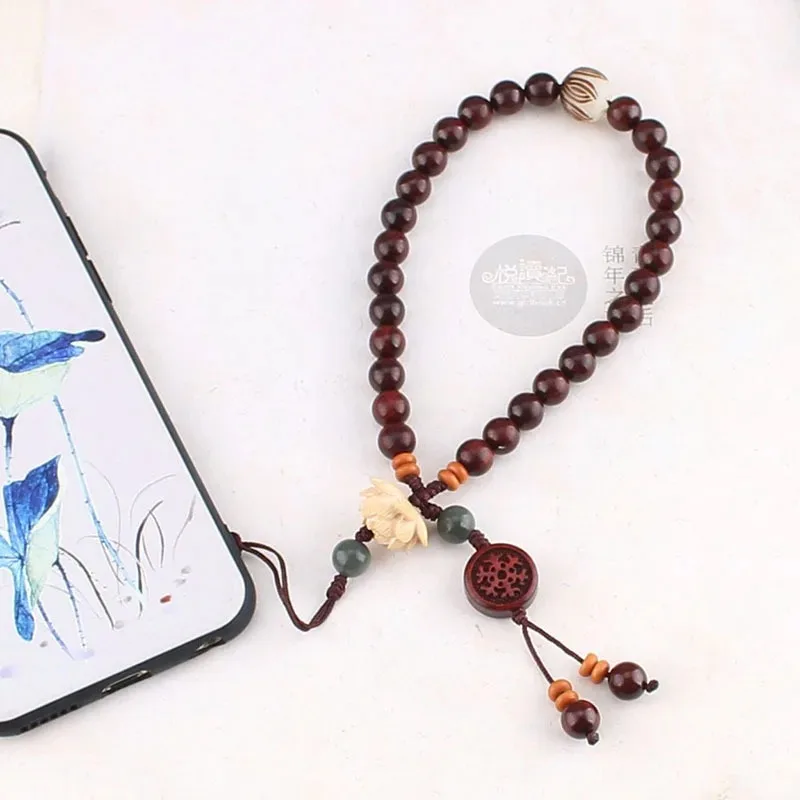 DIY accessories Retro Chinese style Buddhist lobular red sandalwood mobile phone chain wholesale wrist rope personalized creativ