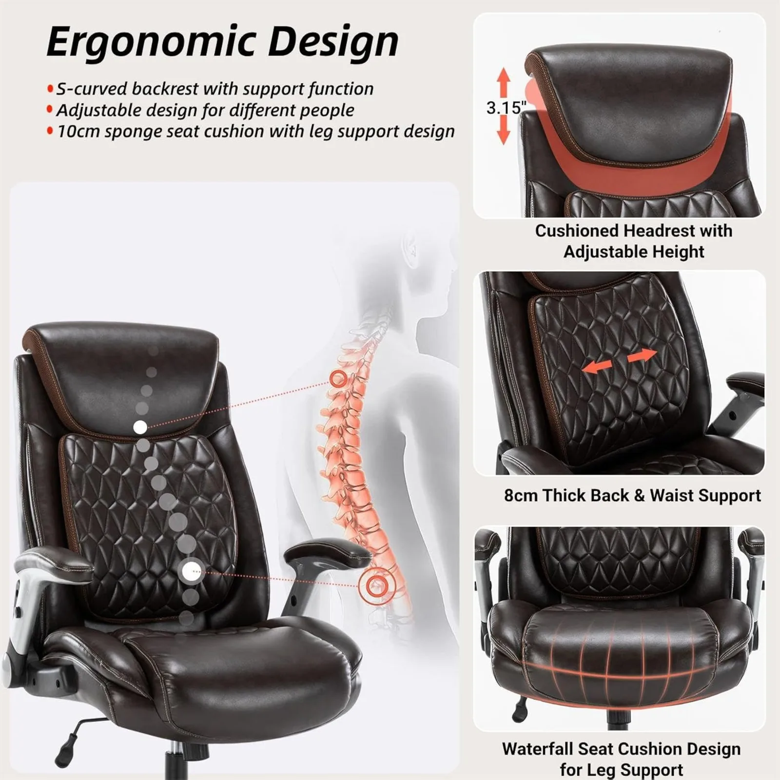 US Big and Tall 400lbs Office Chair, Luxury Pu Leather Home Desk Chair-Adjustable Seat Height Padded Armrest and Lumbar Support,