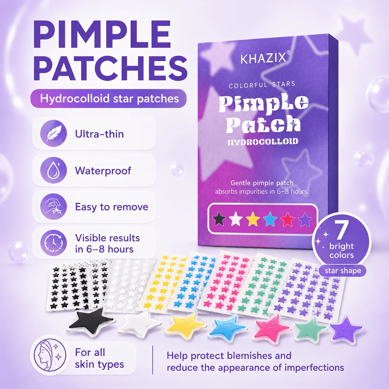 280 stickers - Colorful Star Pimple Stickers - Hydrogel Anti-Pimple Stickers - Invisible Anti-Pimple Stickers - Absorb and Repai view 6