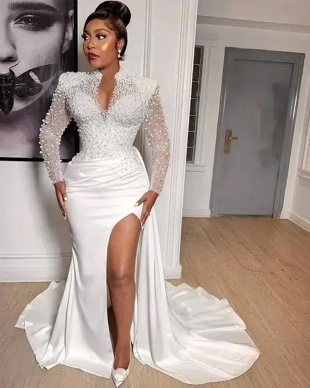 Perles personnalisées perles sirène robes de mariée col haut col en V arabe Aso Ebi manches longues robe de mariée grande taille côté Sexy