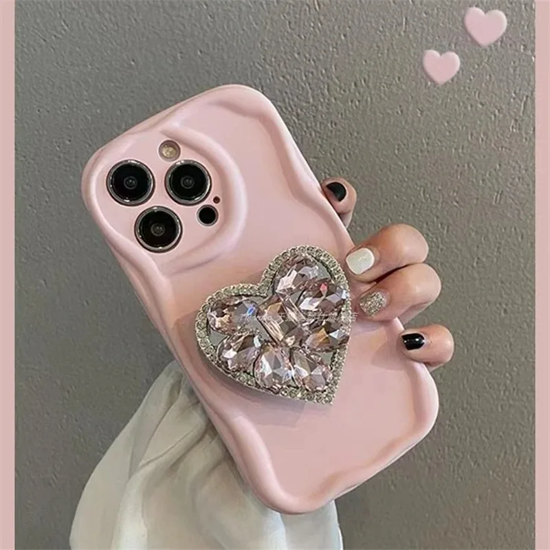 Luxury Sparkling Diamond Heart Folding Stand Phone Case For iPhone 15 14 13 12 11 Pro Max 7 8 Plus Silicone Case