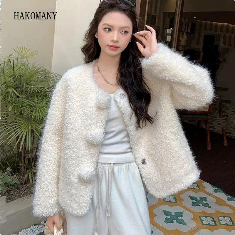 

2023 Winter O Collar Fur Coat Ball Covered Buttons Long sleeve Warm Shaggy Circle Faux Fur Jacket Loose Coat Outerwear 3 colors