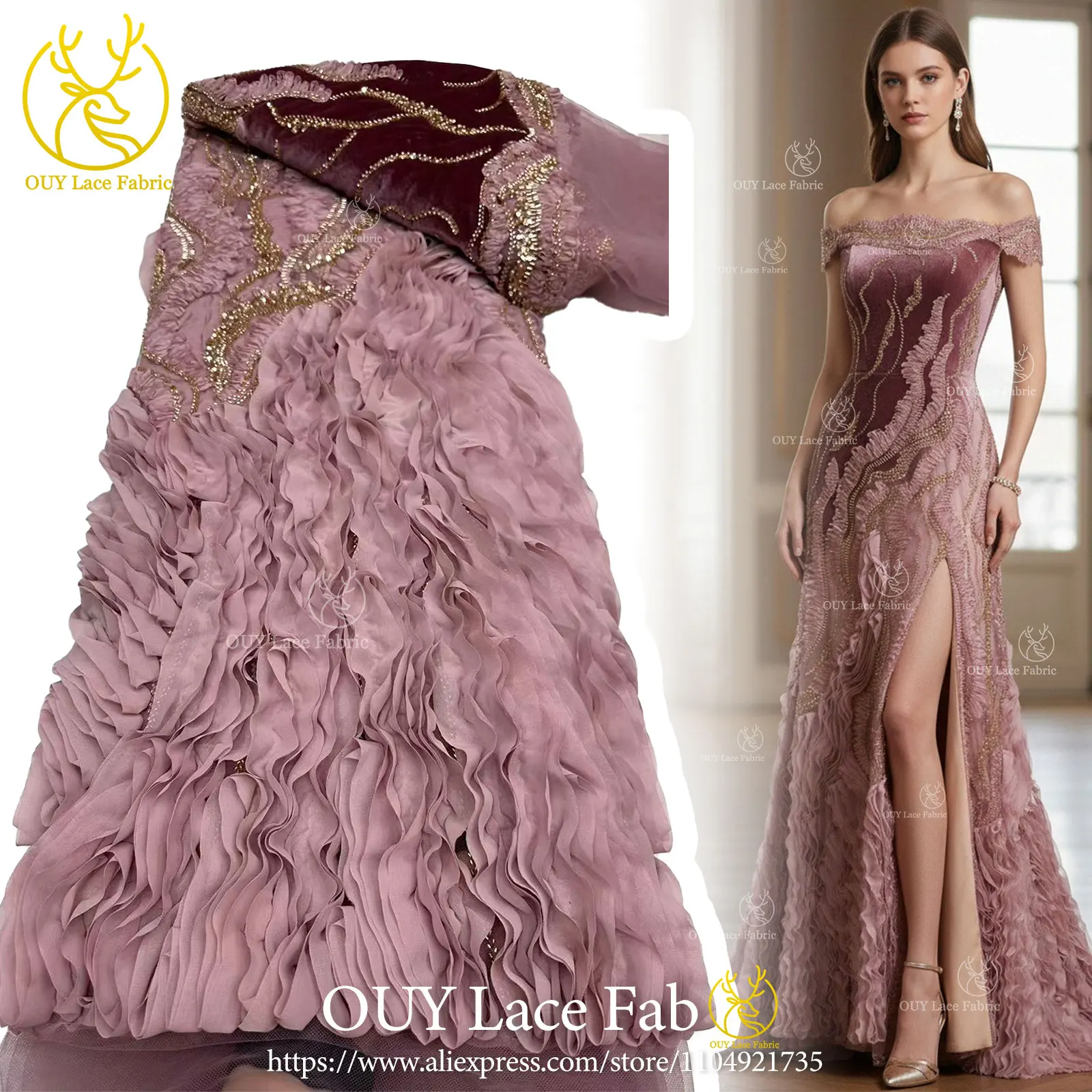 

Nigerian Velvet Embroidered Lace Fabric 2026 New African French Sequined Beaded Tulle Lace Fabric Dress Sewing Material 5 Yards