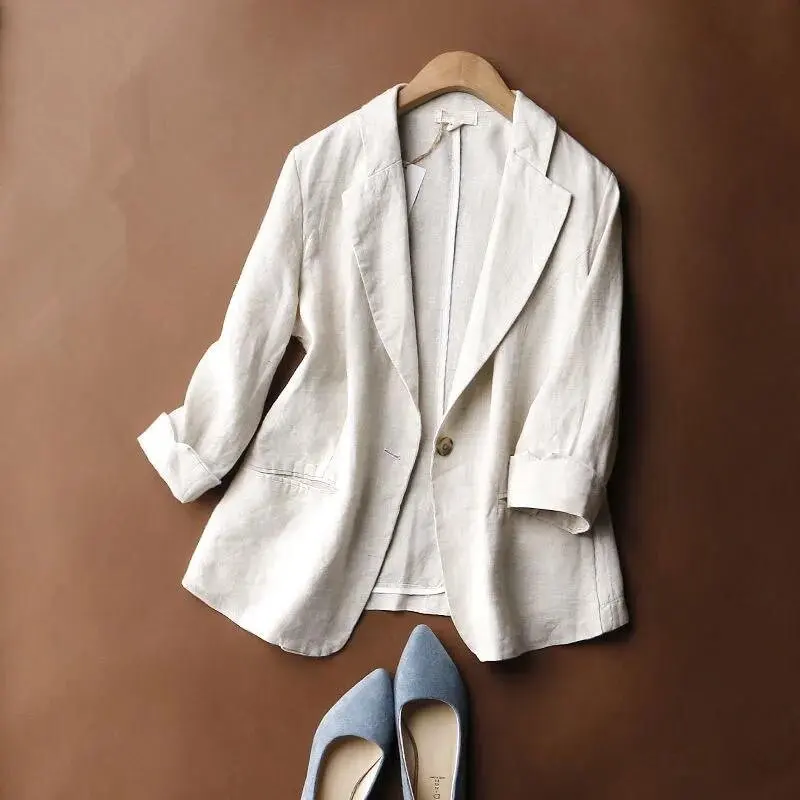 Women Blazer Jacket Cotton Linen Three Quarter Sleeve Thin Spring Summer Autumn Casual Elegant Beige Grey Blue Blazers