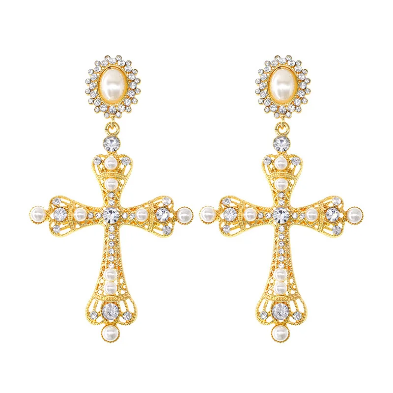 New Korean Baroque Long Cross Earrings Pink Crystal Fringe Palace Retro Cool Style Earrings