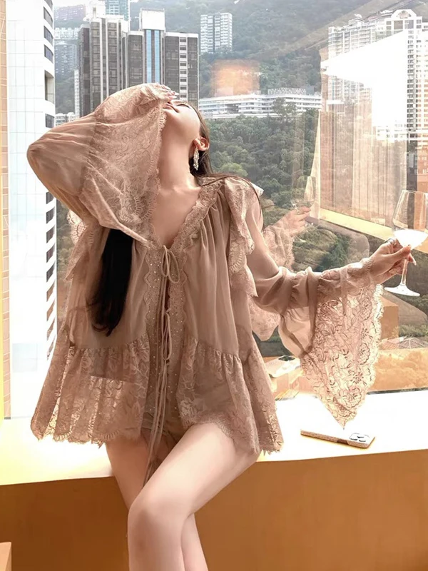 

Ele V-Ne Lace Trim Chiffon irt Women's Spring Design Slimming Long Sve Top Korean Sle Loose Fit Color