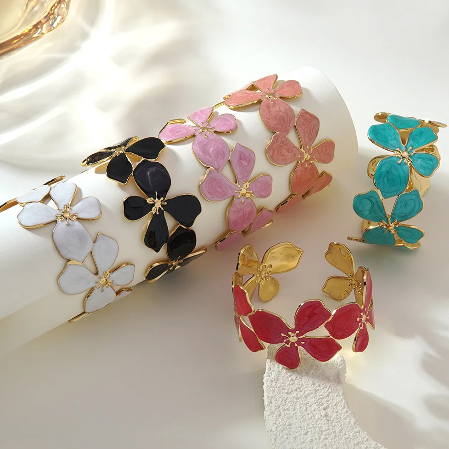 French Trendy Inspired Floral Stainless Steel Bracelet Hand-Dripped Oil Paint Gold Plated Women Fashion Jewelry