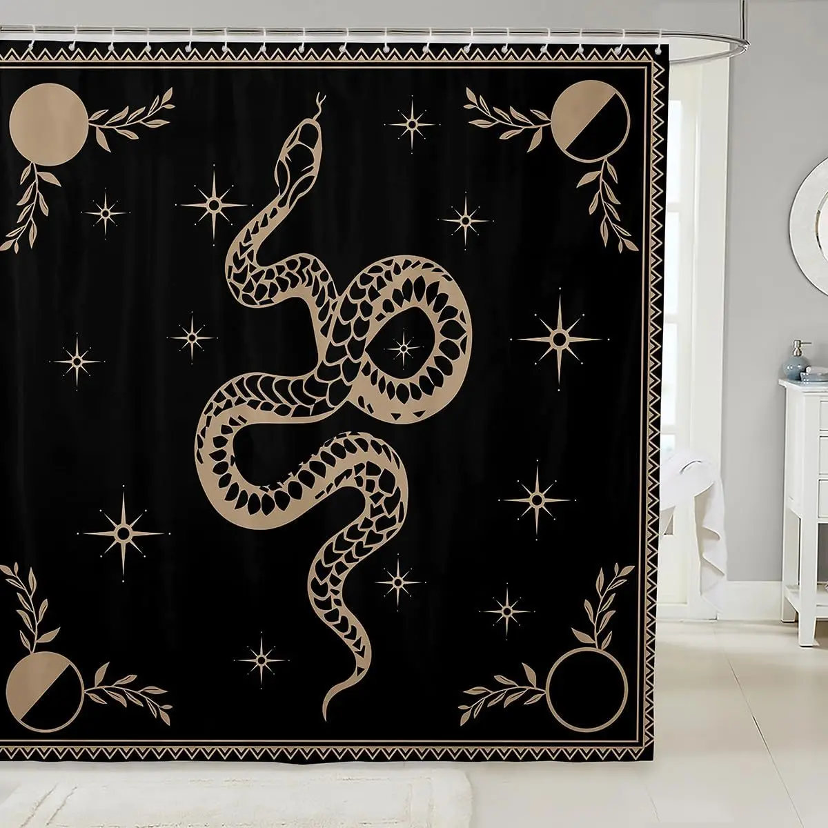 

Занавеска для душа «Замок, фея и змея» в стиле бохо с изображением солнца, луны, звездного неба и галактики, для детей и взрослых, черно-коричневая, для декора комнаты, с крючками
