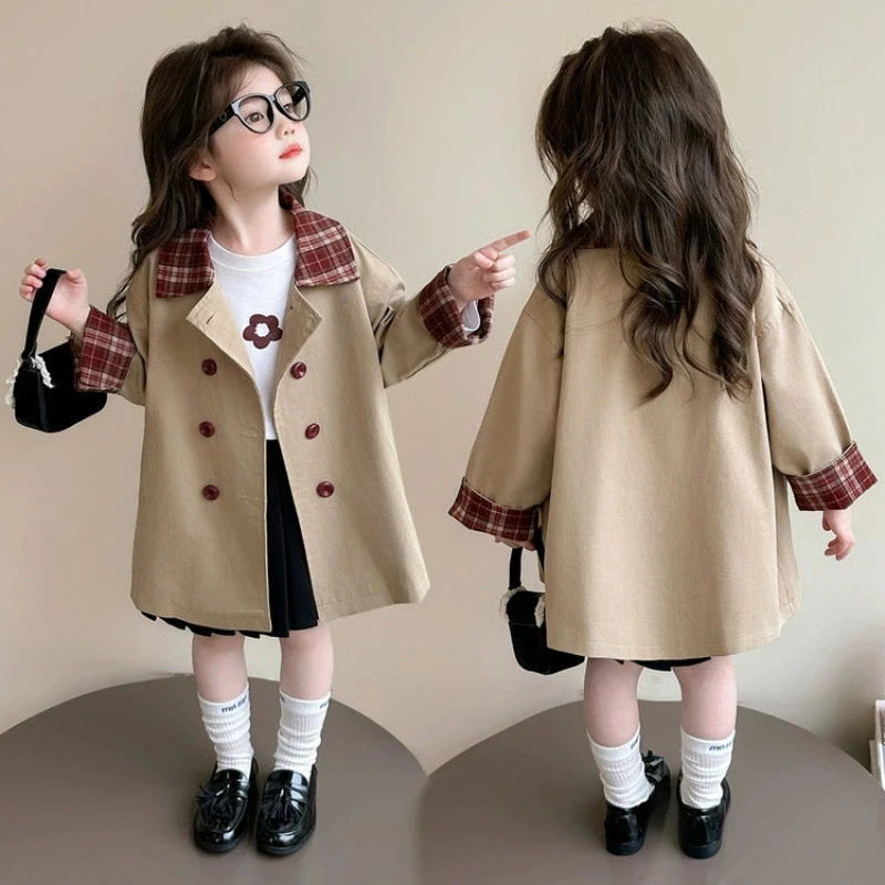 

Модное клетчатое пальто средней длины для девочек 3-12 лет, весенне-осенняя двубортная хлопковая куртка, детская повседневная ветровка в британском стиле