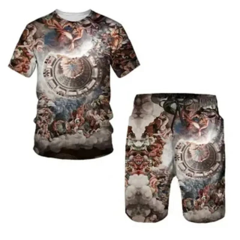 2025 high-quality summer men's 3D printed horror T-shirt, short sleeved shorts, oversized casual sports set, two-piece set