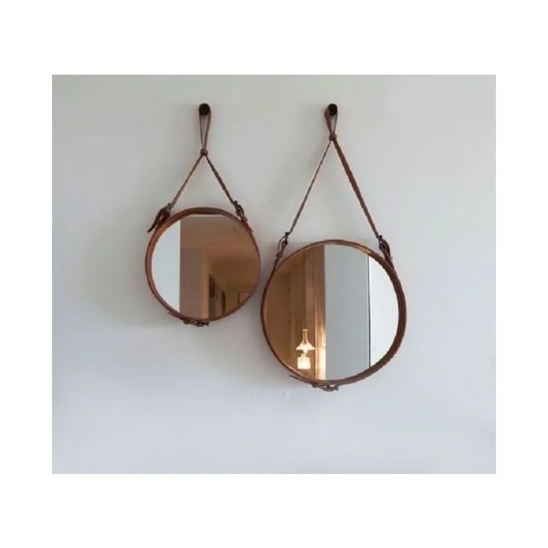 Wall-mounted round mirror cowhide, makeup dresser, bedroom, entrance decorative mirror retro wall