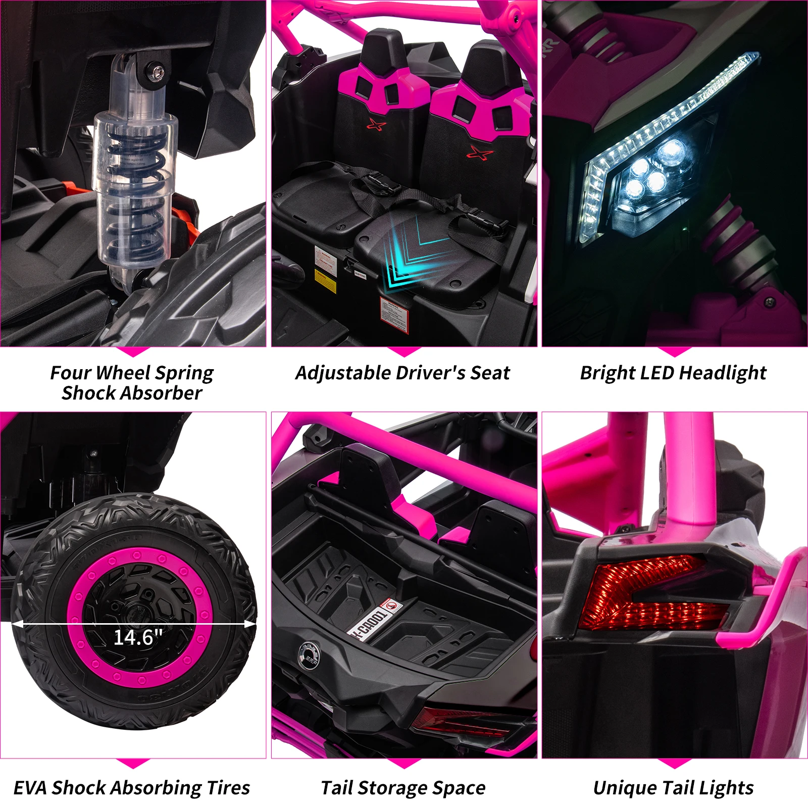 Samochód dla dzieci z możliwością jazdy dla 2 osób, pojazd UTV 24V z 4 silnikami o mocy 200W i dwoma akumulatorami, maksymalne obciążenie 59 kg, wyposażony w światła LED i odtwarzacz muzyki.