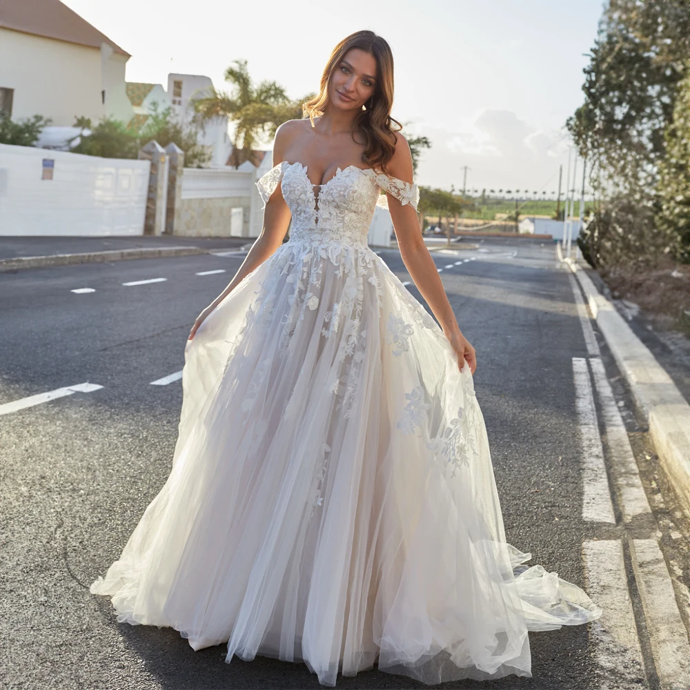 

Off the Shoudler Tulle Wedding Dresses A-line Court Appliques Wedding Gowns Illusion Tulle Glamorous robes de mariée