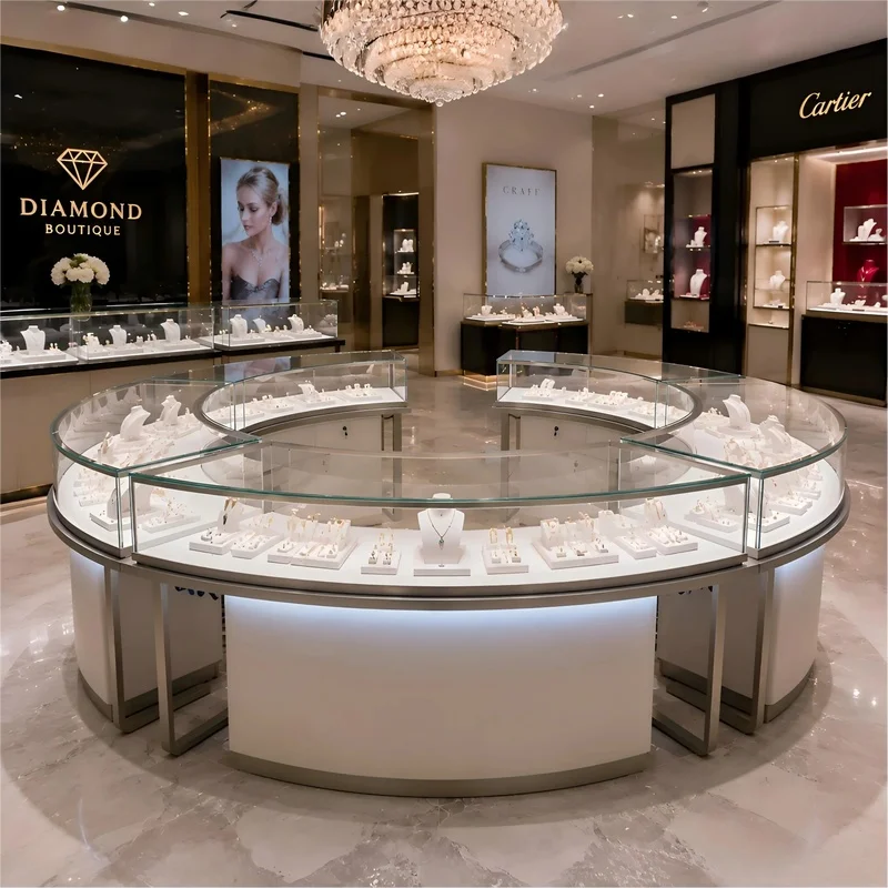 custom.U-curved LED Jewelry Display Counter, Lockable Glass showcase with Storage Drawers Luxury Watch & Jewelery Bo
