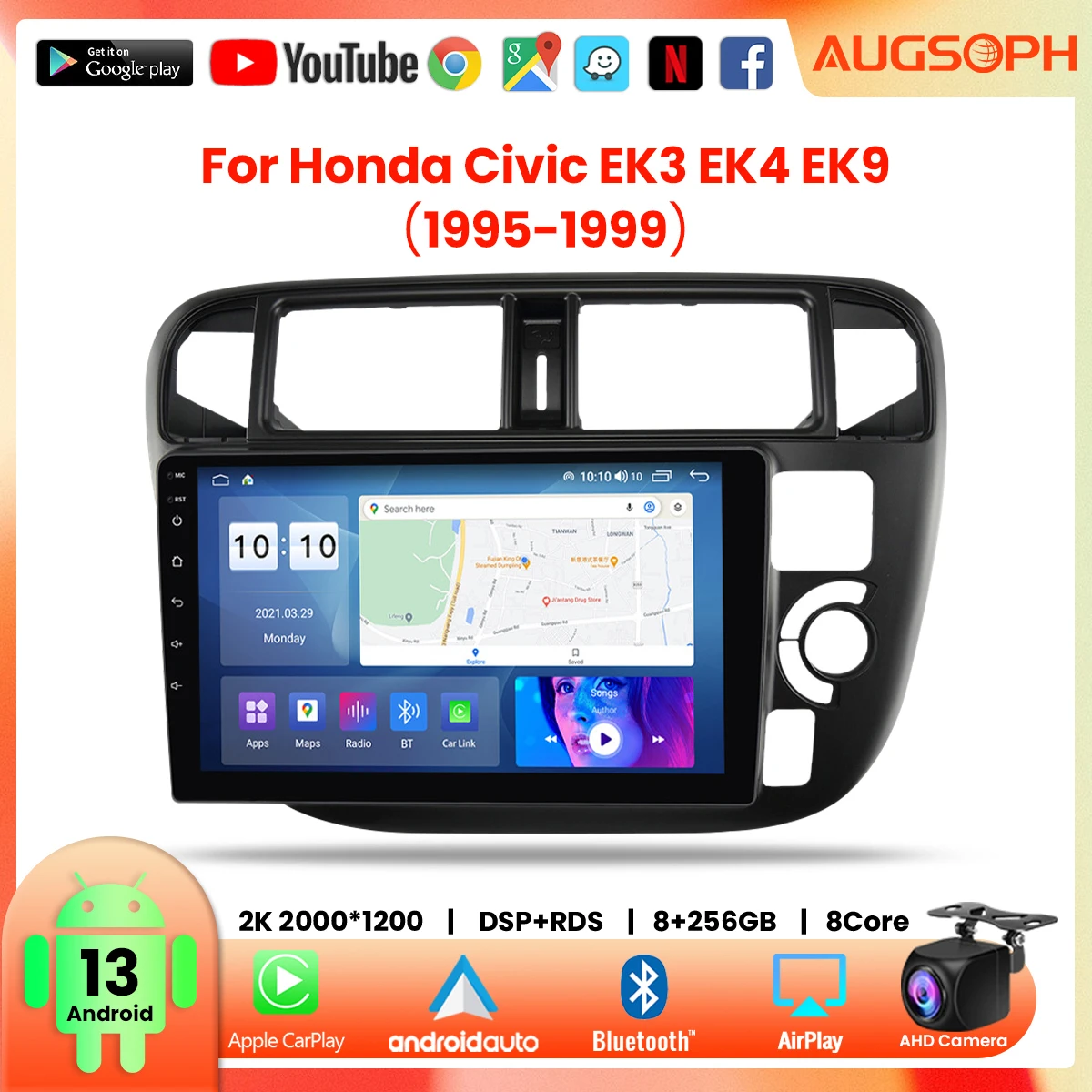 

Android 13 Car Radio for Honda Civic EK3 EK4 EK9 1995-1999, 9inch 2K Multimedia Player with 4G Carplay DSP & 2Din GPS