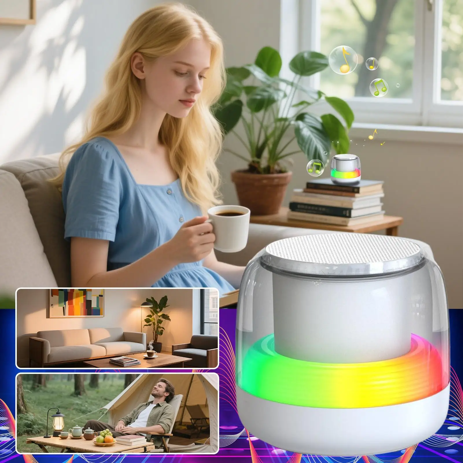 مكبر صوت صغير مضخم صوت صغير مشغل موسيقى مع ضوء RGB مشغل موسيقى صوت محمول مع 7 تنفس متدرج مسبقًا