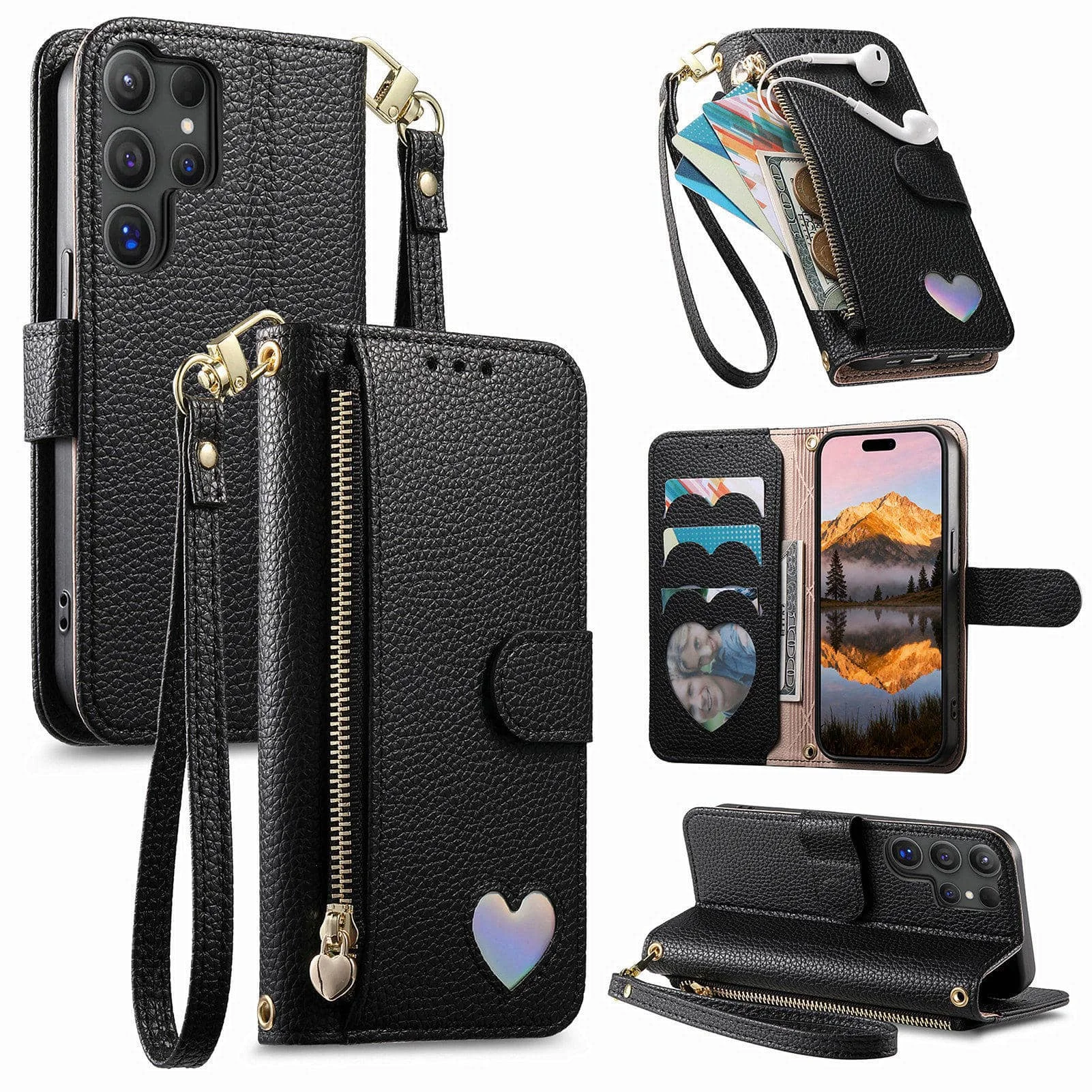 

For Samsung Galaxy S26 S25 Edge S24 S23 S22 Ultra Wallet Case - PU Leather Zipper Purse with 3 Card Slots, Kickstand & Strap
