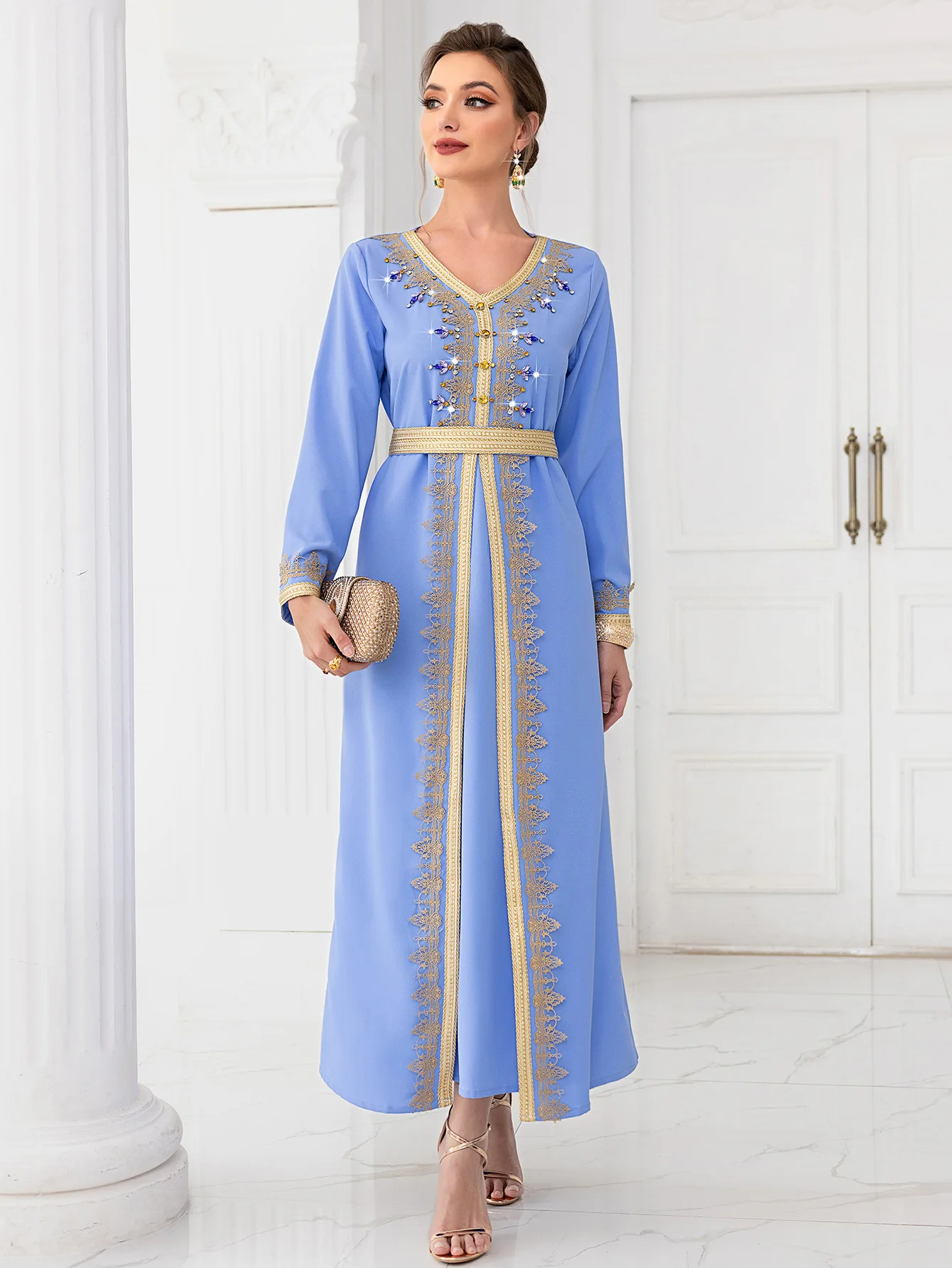 

Moroccan Caftan Women Handsewn Diamonds Fake 2 Piece Arabic Dress with Belt Dubai Party Evening Islam Kaftan Ramadan Eid Muslim