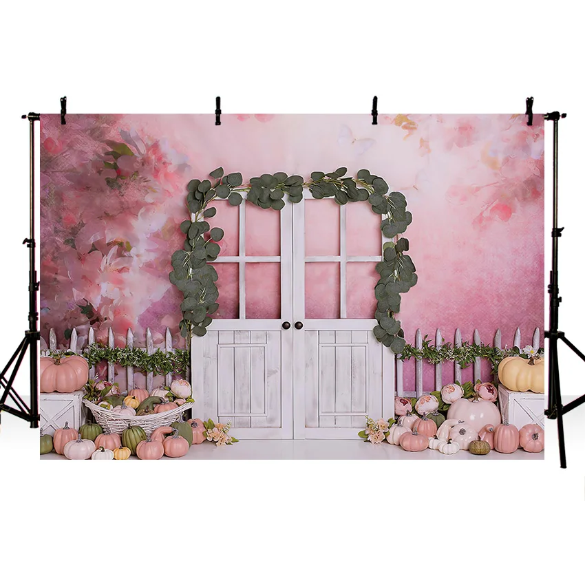 Mehomond Fotografie Hintergrund rosa Blumen wand Tür Dekor Baby party Porträt Kürbis grün Blätter Hintergrund Photo zon Studio