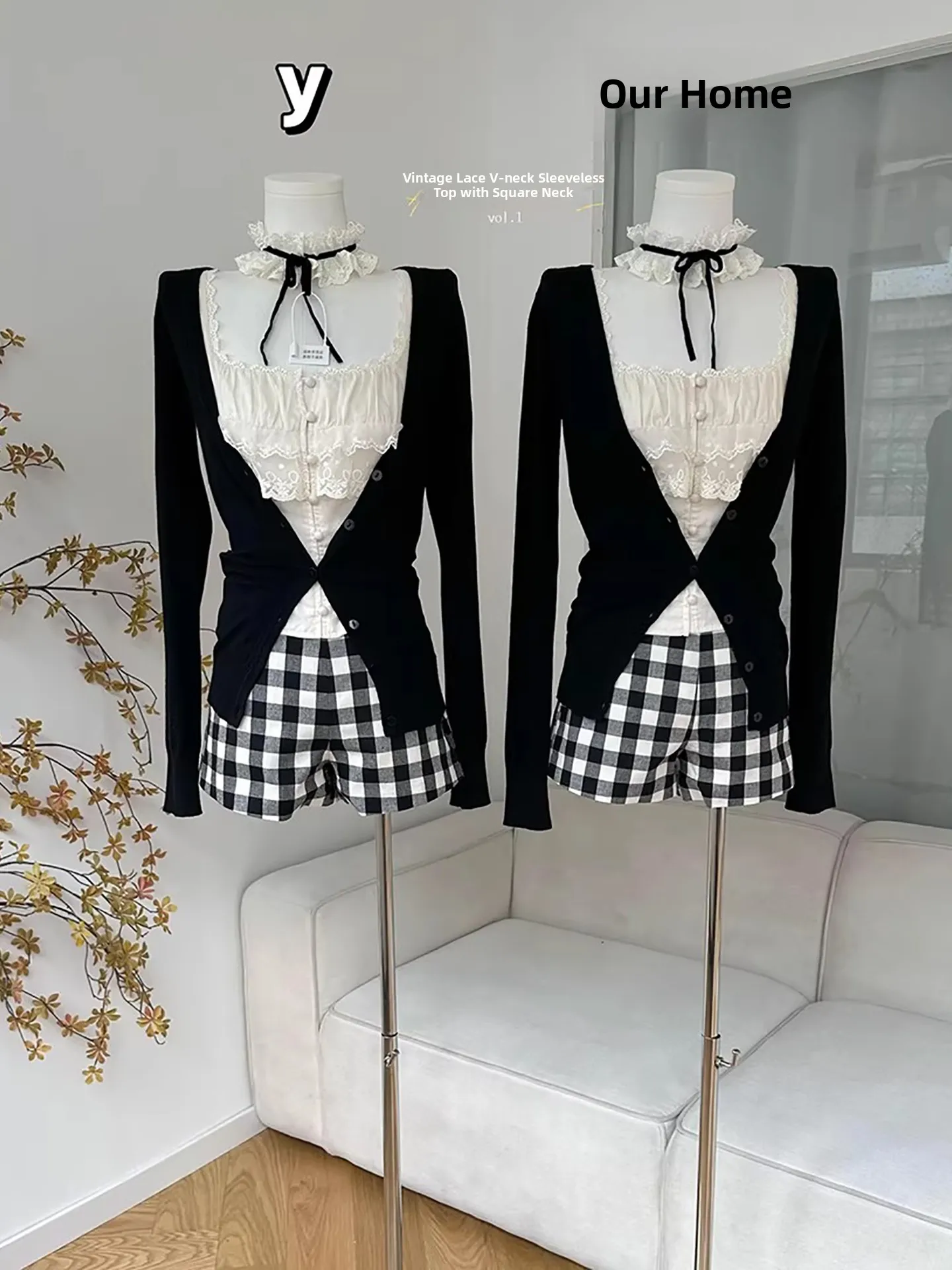 

Korean Early Autumn Lace Trim Vest Women's Design Square Collar Svel Inner Wear Two-Piece Set Faionable Casual Outfit