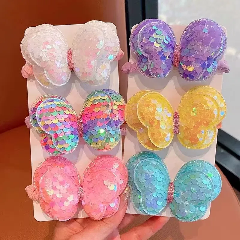 3PCS Pailletten Haar Seil Kinder Scrunchies Große Schmetterling Krawatte Hohe Pferdeschwanz Geflecht Mädchen Gummiband Headwear Haar Zubehör – Detail 9