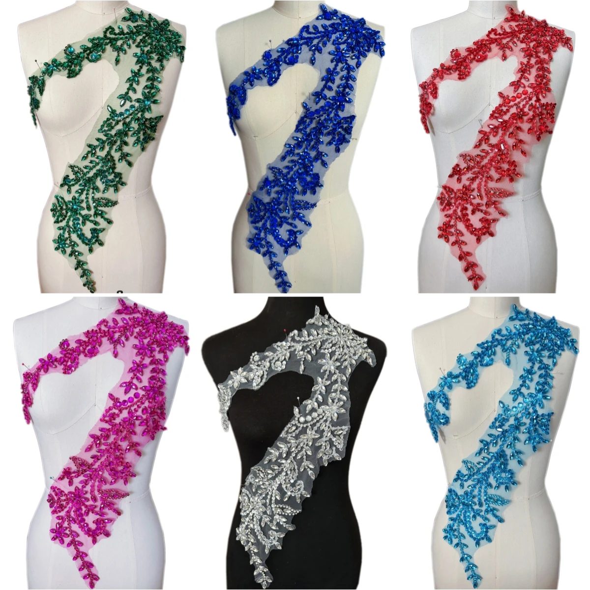 Many colors Long Appliques Hand Beaded Sewing Decorative Patches Sew on Glass Rhinestones Crystals For Design Diy Elegant dress