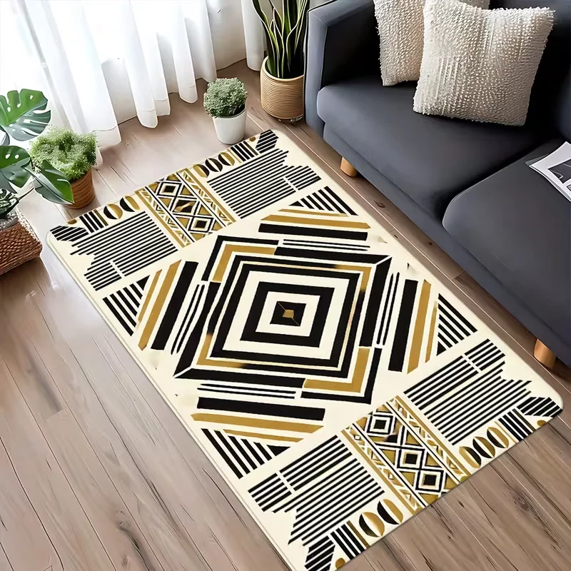 Boho Black Gold Geometric Tribal Area Rug Non Slip Floor Mat Abstract Square Striped Aztec Print Soft Carpet for Living Room