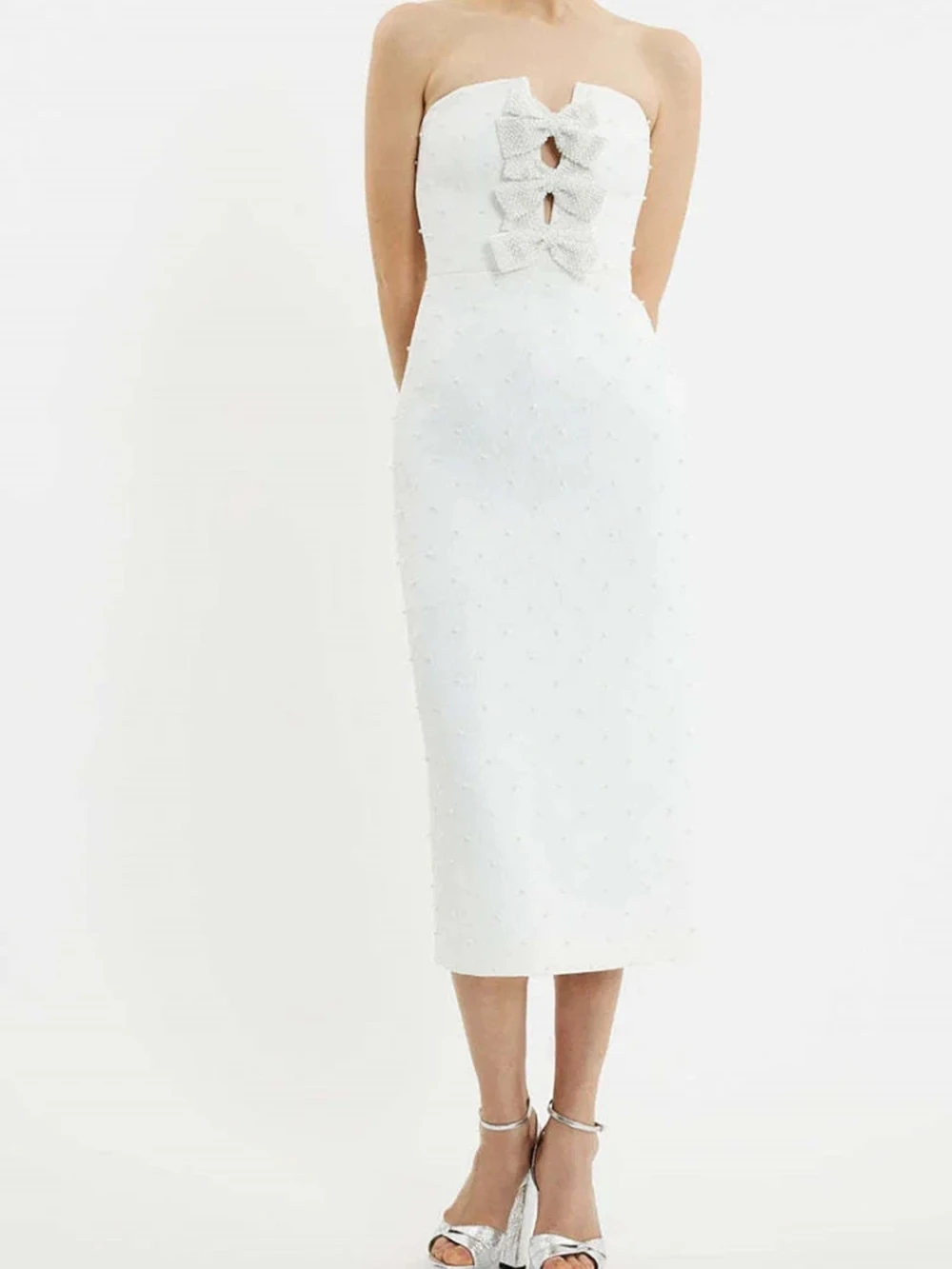 

Новое белое вечернее платье 2026 года с вышивкой бисером, бантом, без бретелек, приталенное, средней длины, с пайетками, бандажное, для банкетов