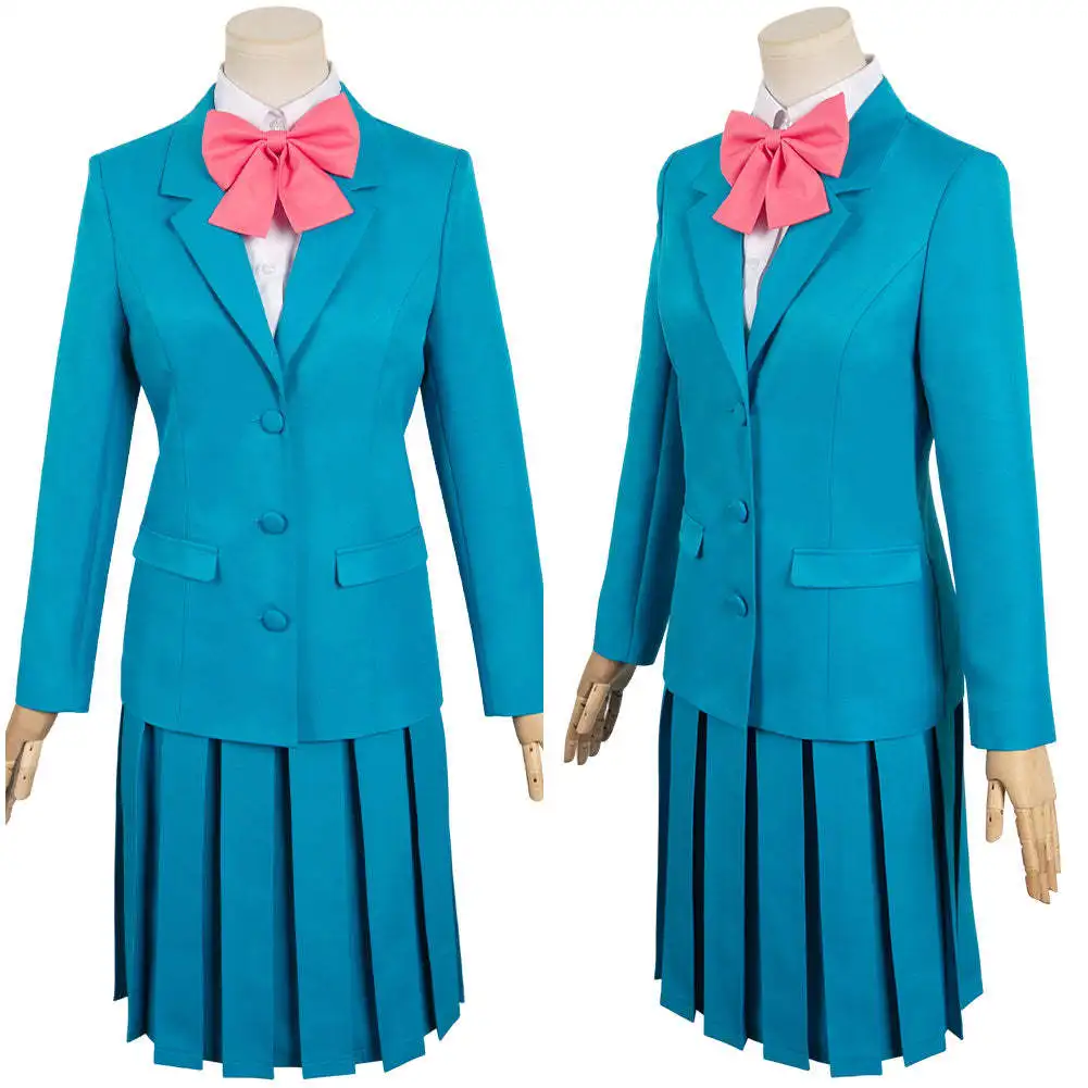 Uniforme Escolar Azul para Mujer con Lazo Rosa, Conjunto Completo de Blazer y Falda para Cosplay, Estilo Japonés