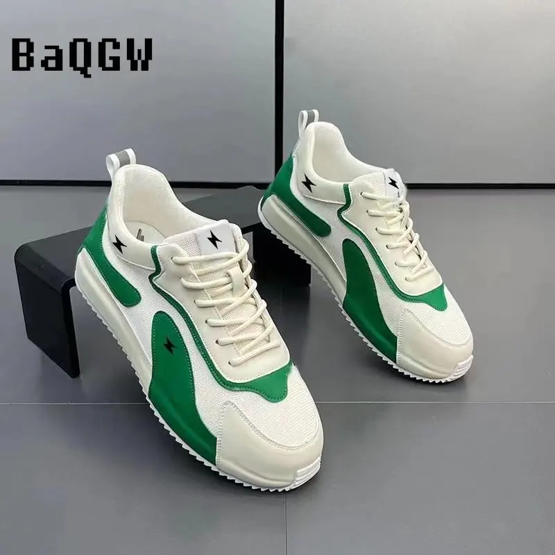 Kleur Blok Running Luxe Sneakers Mannen Casual Schoenen Mode Lederen Canvas Ademend Hoogte Verhoogd Platform Board Schoenen