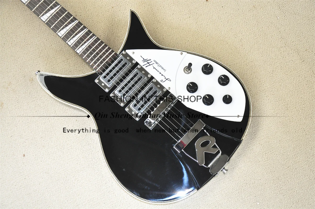 Classic black guitar, semi-hollow body, fishbone pattern binding, fixed bridge, black neck, white shell inlay, 360 guitar