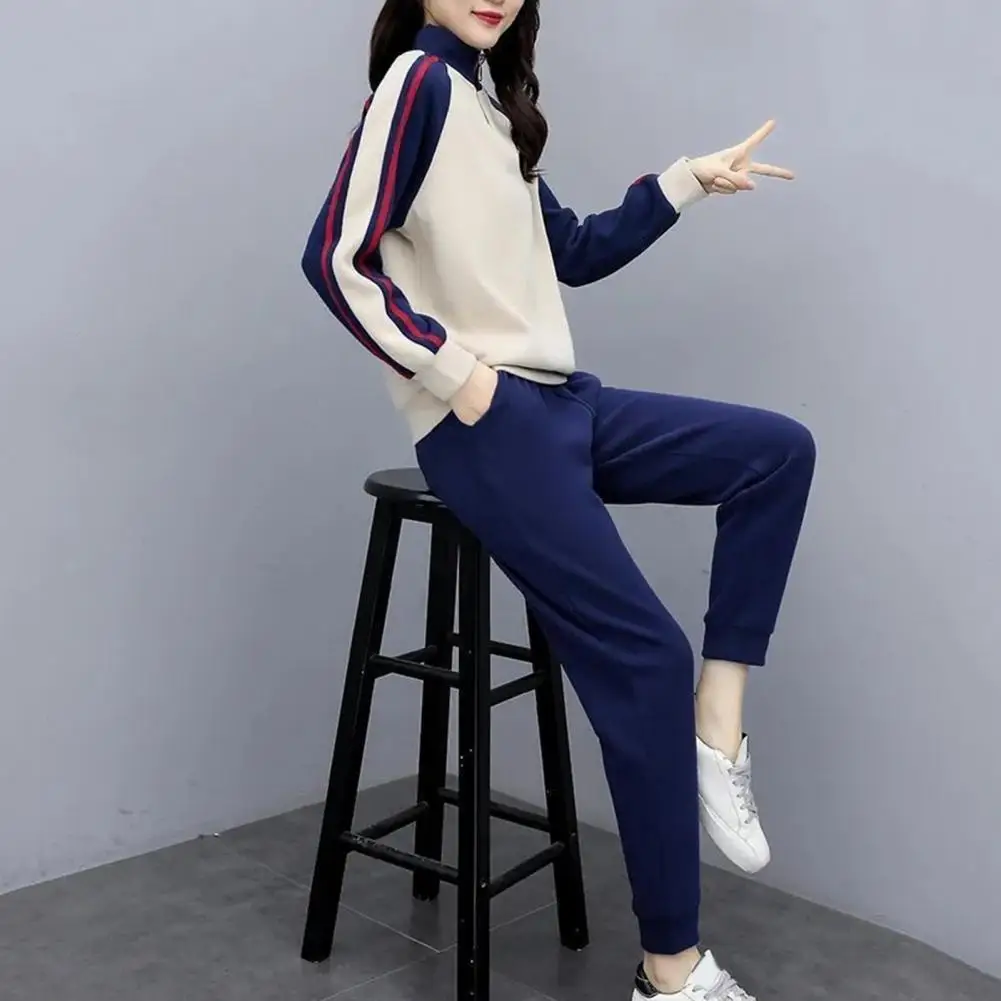 

Women Casual Two-piece Suit Women's Color Matching Tracksuit Set with Stand Collar Sweatshirt Elastic Waist Pants for Fall