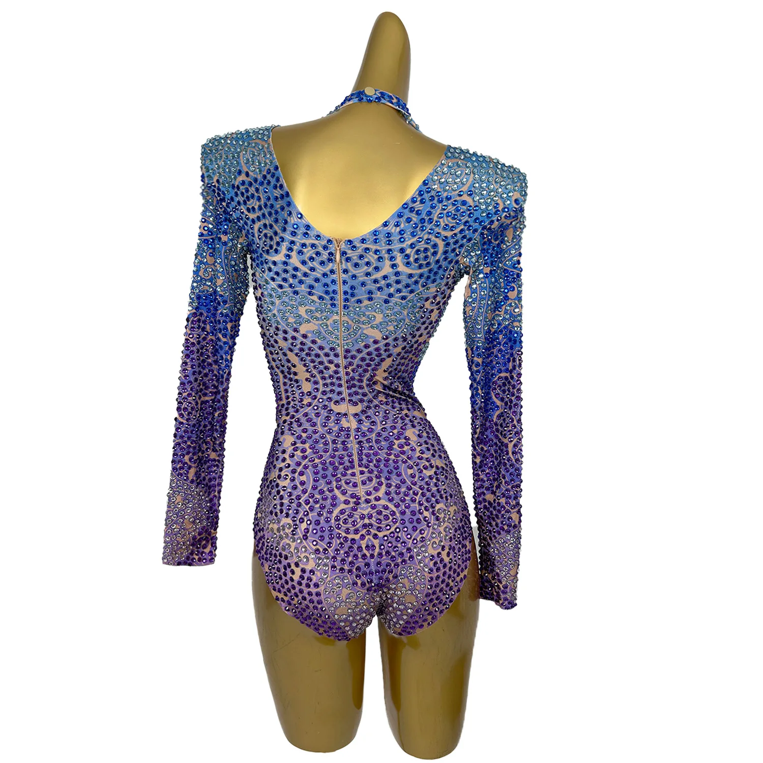 Women Exquisite Rhinestone Shine Bodysuit Long Sleeved Skinny Dance Leotard Club PartyCarnival Stage Performance Wear Bumengwang